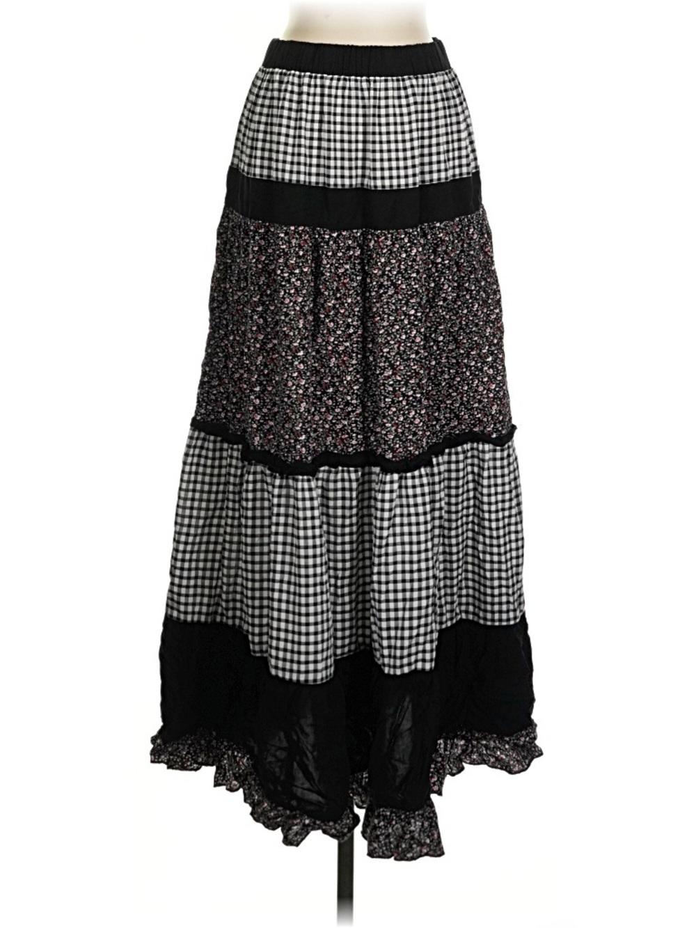 easel Black & White Gingham and Floral Tiered Maxi Skirt